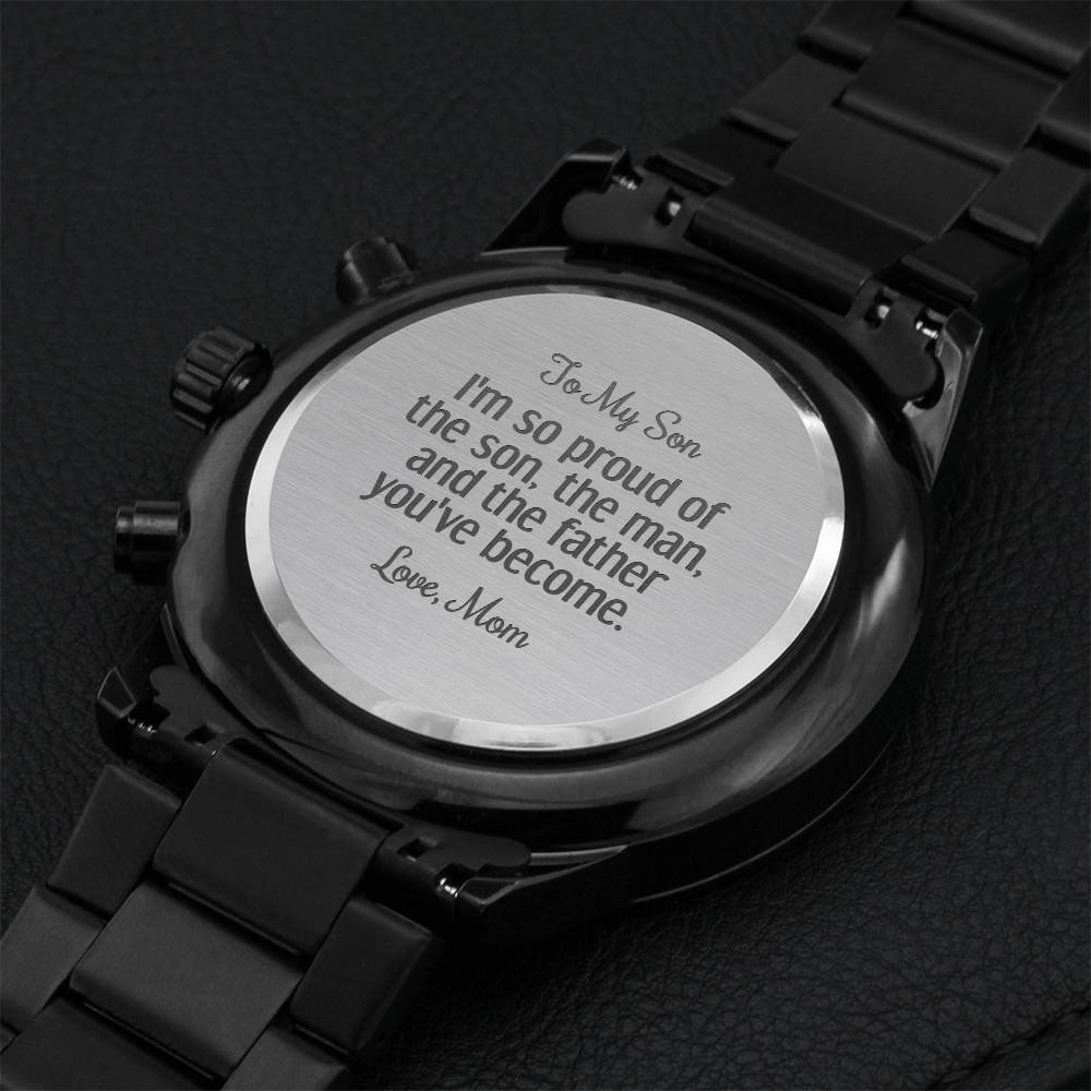 Son Graduation Gift For Son Birthday Fathers Day Gift From Mom Black Chronograph Engraved Watch For Men Christmas Gift For Son Engraving Chronograph Watch