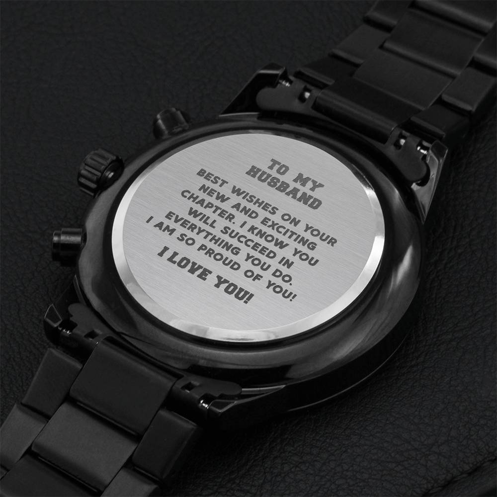 Husband Graduation Custom Gift Fathers Day Gift For Husband From Wife Black Chronograph Engraved Watch For Men New Job Gift Engraving Chronograph Watch