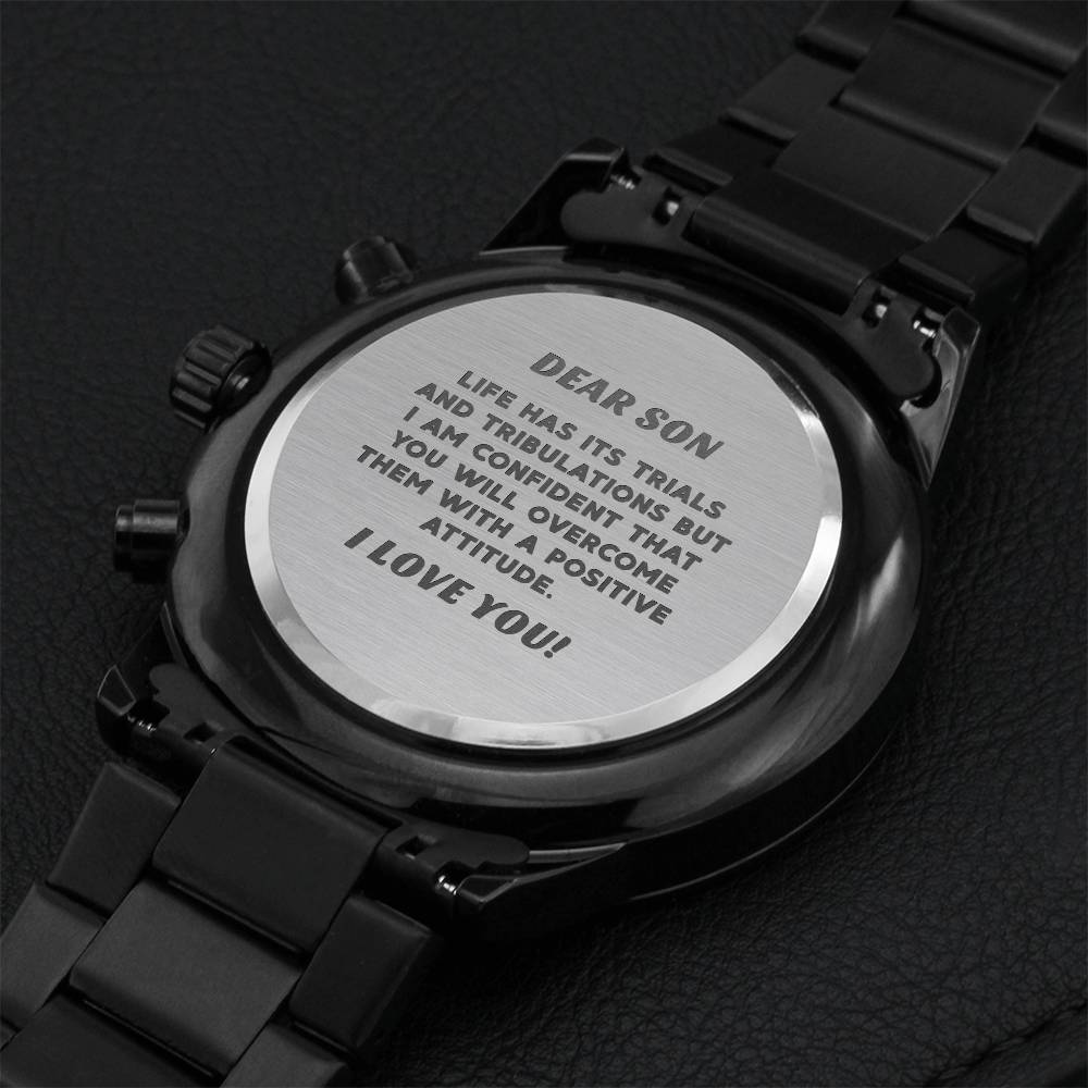 Son Graduation Custom Gift Fathers Day Gift For Son From Mom Black Chronograph Engraved Watch For Men New Job Gift For Son From Dad 1 Engraving Chronograph Watch