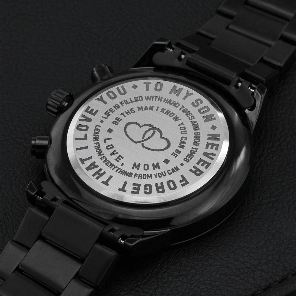 To My Son Engraved Love Mom Never Forget Wooden Watch Gift For Anniversary Birthday Graduation Engraving Chronograph Watch