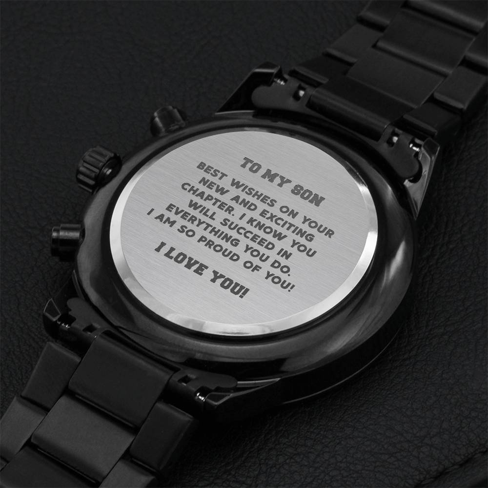 Son Graduation Custom Gift Fathers Day Gift For Son From Mom Black Chronograph Engraved Watch For Men New Job Gift For Son From Dad Engraving Chronograph Watch