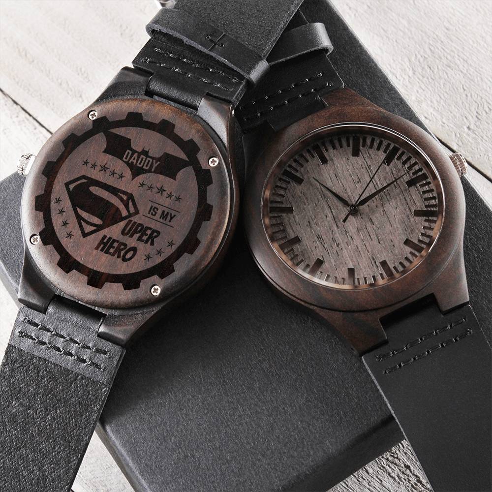 Daddy Is My Super Hero Watch Father's Day Gift Men's For My Hero Birthday From Son Daughter Engraved Wooden Watch