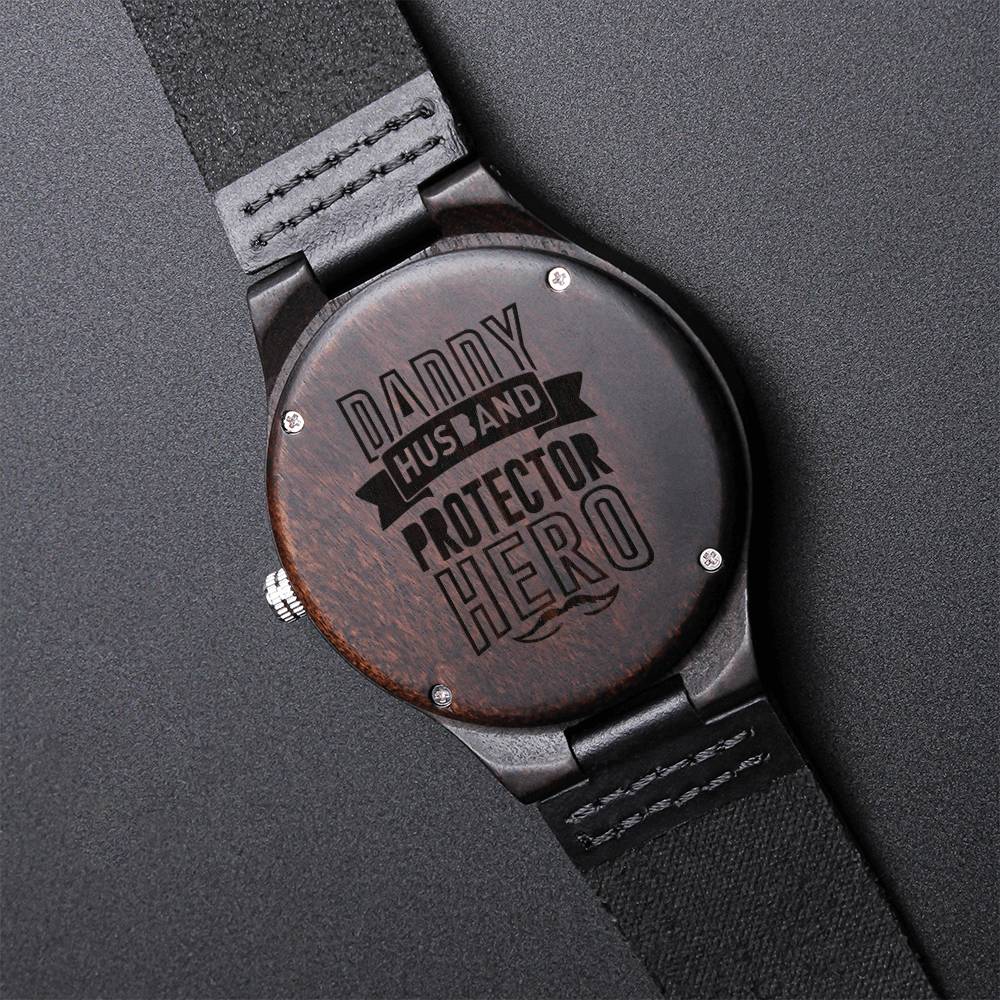 Husband - Daddy - Protector - Hero - Black Chronograph Watch Fire Fighter Dad Gift Fire Fighter Husband Personalized G1 Engraved Wooden Watch