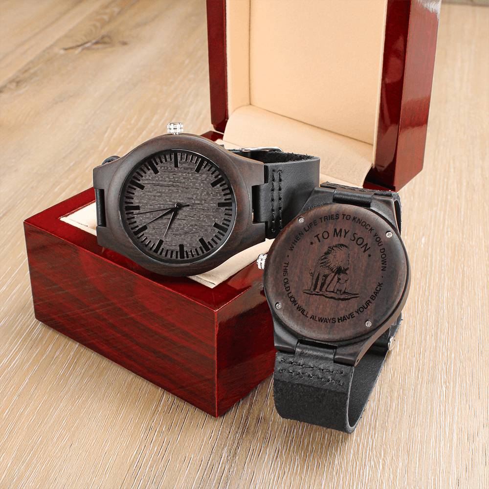 To My Son Watch - This Old Lion Will Always Have Your Back - Happy Fathers Day To My Awesome Dad - Father's Day Gift F Engraved Wooden Watch