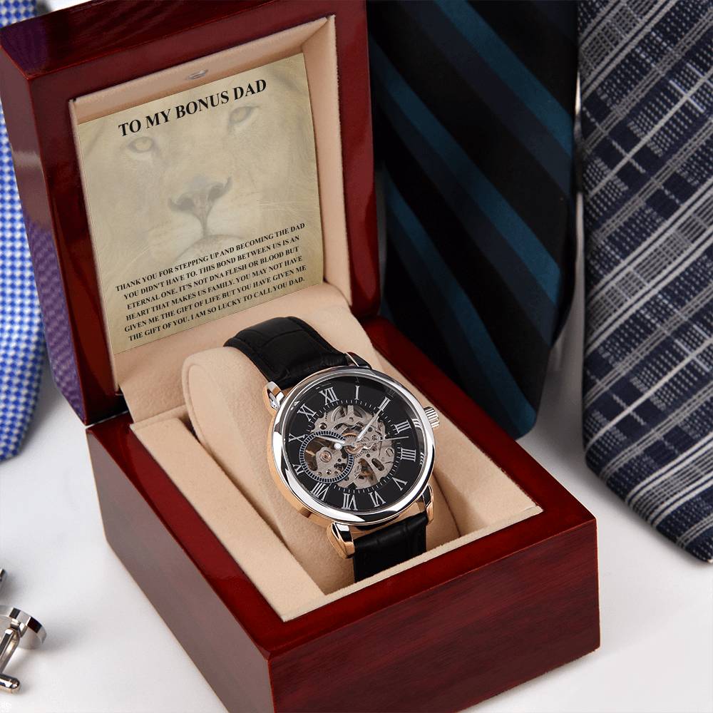 Step Dad Gift From Step Daughter Openwork Automatic Leather Strap Mens Watch Gift For Men To My Bonus Dad Stepped Up Dad Gift(3) Openwork Watch