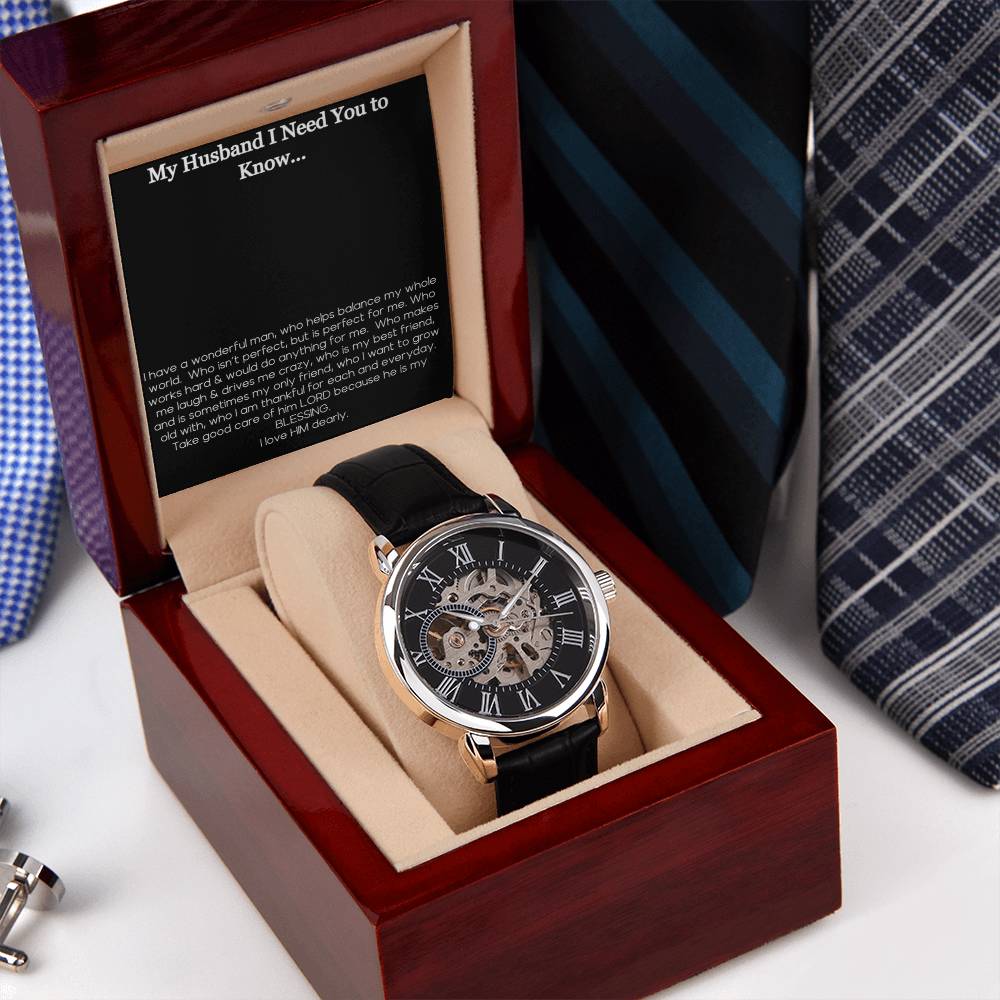 My Husband I Need You To Know I Thank God For You Mens Skeleton Openwork Watch