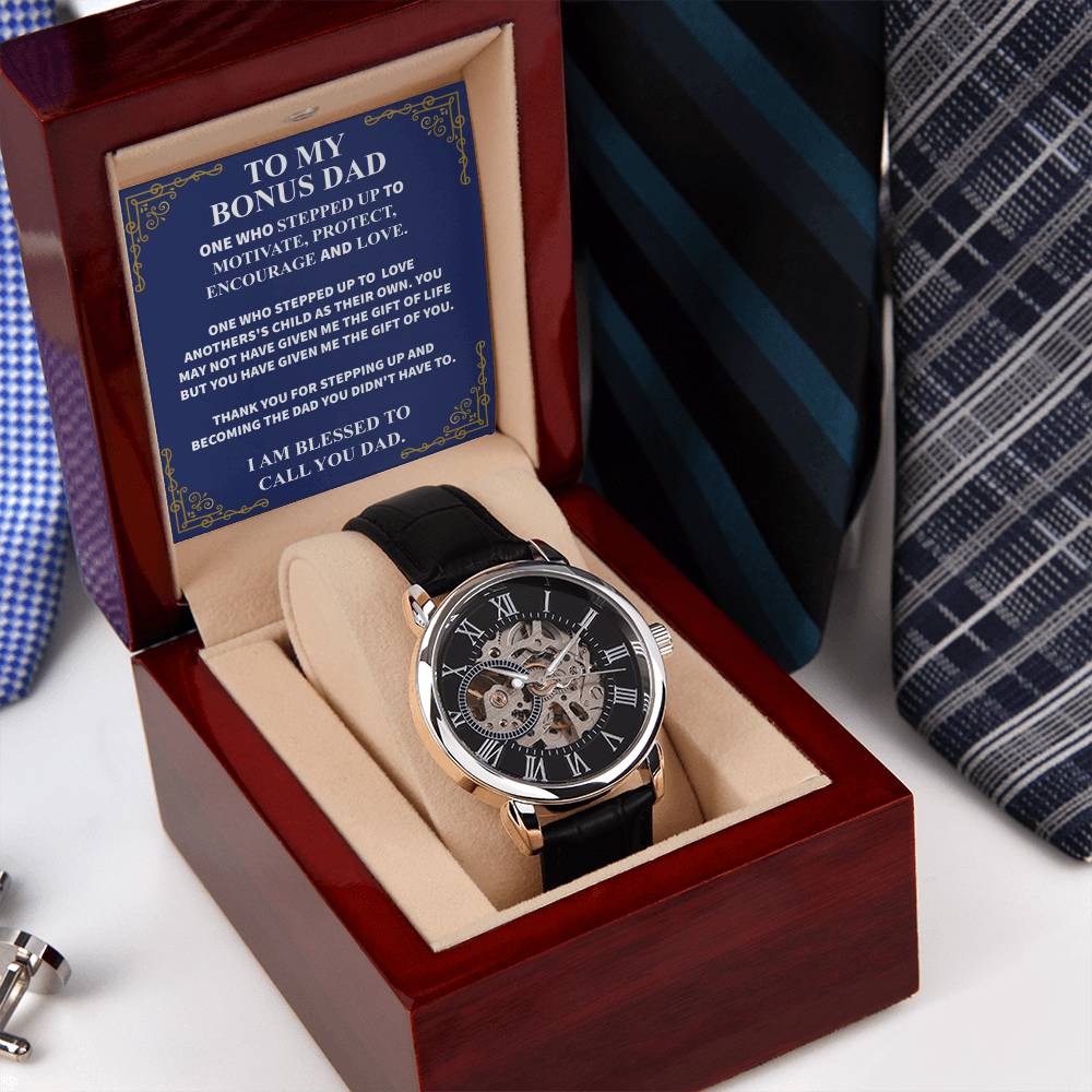 Step Dad Gift From Step Daughter Openwork Automatic Leather Strap Mens Watch Gift For Men To My Bonus Dad Stepped Up Dad Gift(6) Openwork Watch