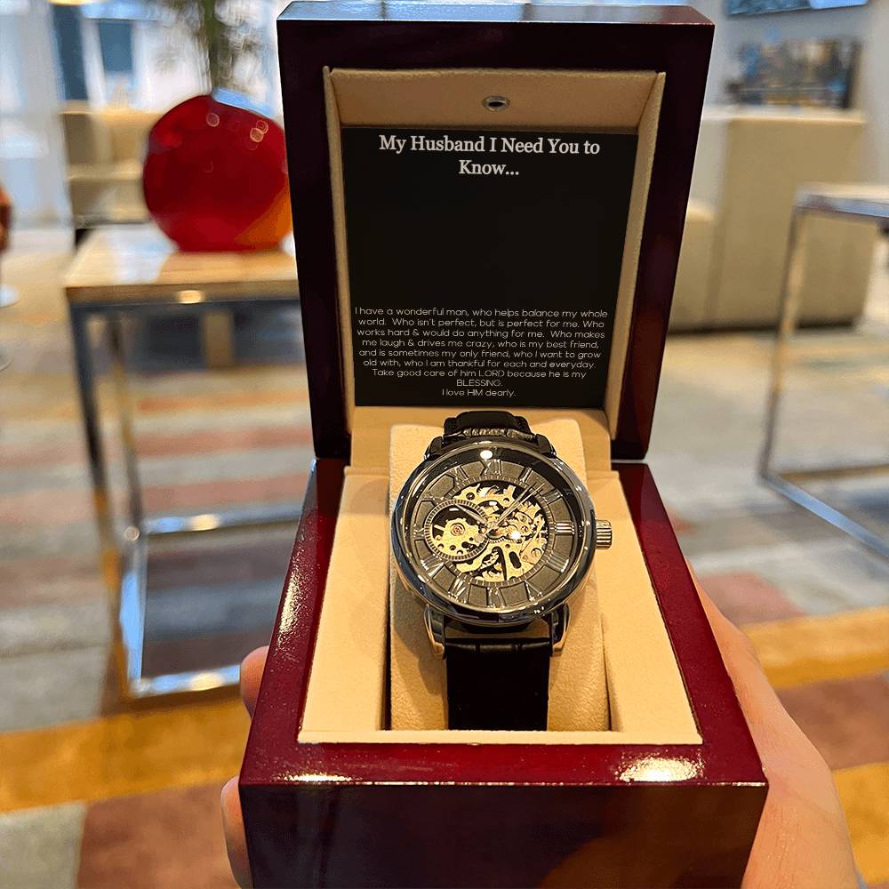 My Husband I Need You To Know I Thank God For You Mens Skeleton Openwork Watch