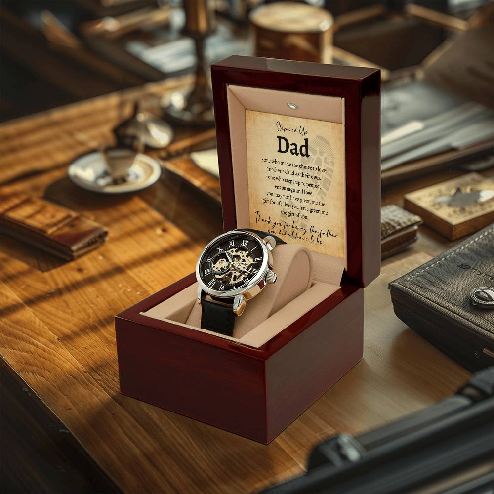 Step Dad Fathers Day Gift From Stepson Stepdaughter Luxury Watch W Genuine Leather Strap Gift For Bonus Dad Step Father Wedding Gift Openwork Watch