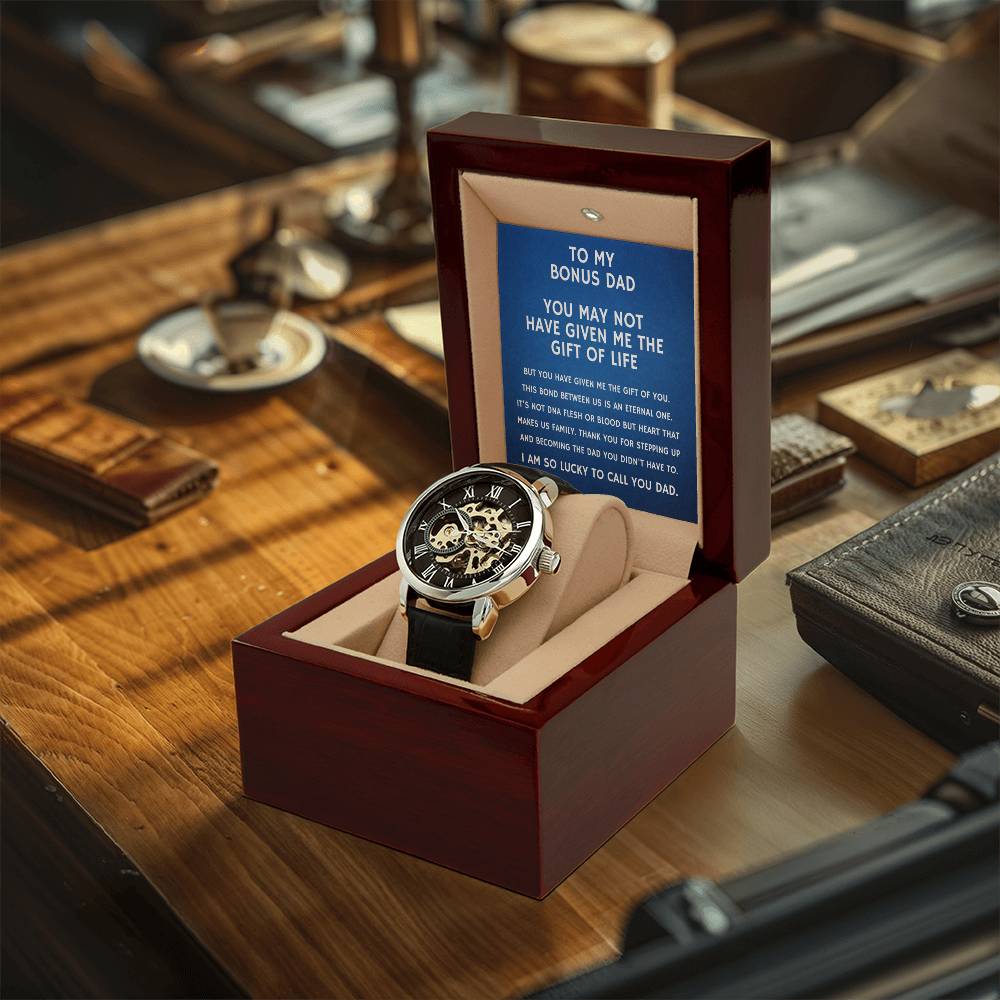 Step Dad Gift From Step Daughter Openwork Automatic Leather Strap Mens Watch Gift For Men To My Bonus Dad Stepped Up Dad Gift(4) Openwork Watch