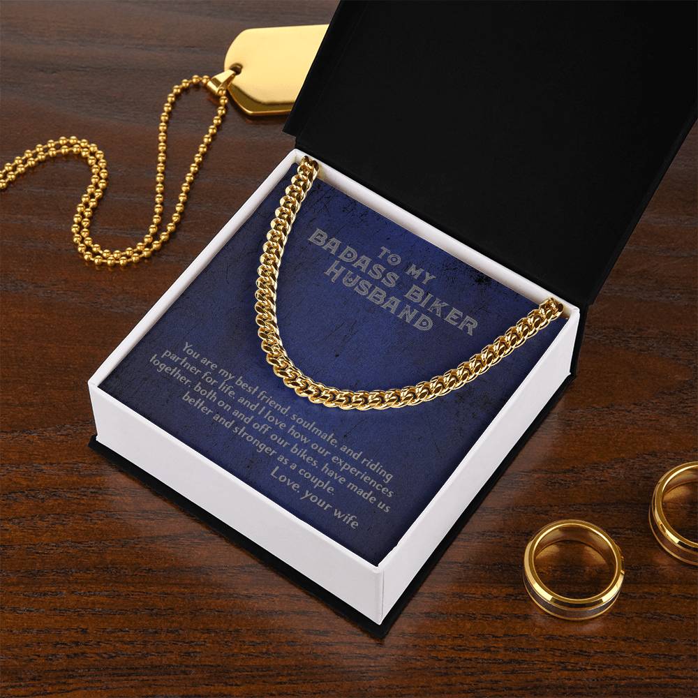 To My Badass Biker Husband From Wife - Cuban Link Chain Necklace For Biker Motorcycle Couple Gift For Him