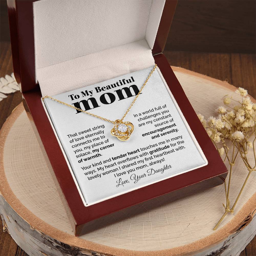 To My Beautiful Mom - Heart Melt Message Love Knot Necklace Love Knot Necklace