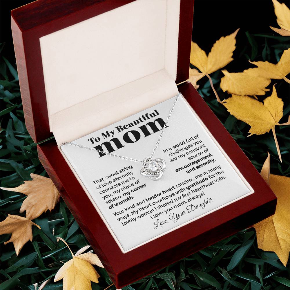 To My Beautiful Mom - Heart Melt Message Love Knot Necklace Love Knot Necklace
