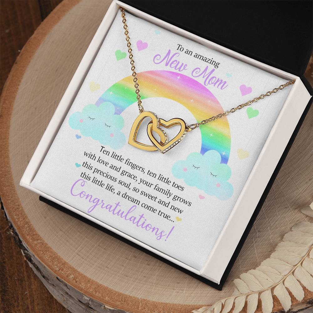 To An Amazing New Mom - Ten Little Fingers Ten Little Toes - Hearts Interlocking Hearts Necklace