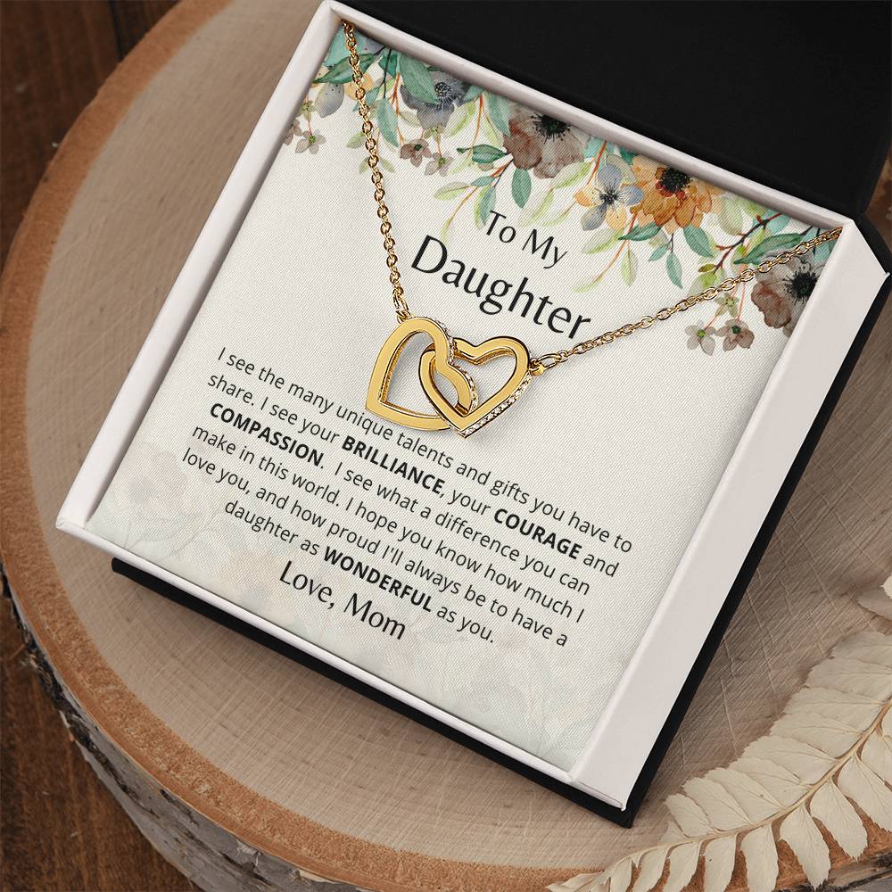 To My Daughter - As Wonderful As You - Necklace. Embellished With Cubic Zirconia Stones. Interlocking Hearts Necklace