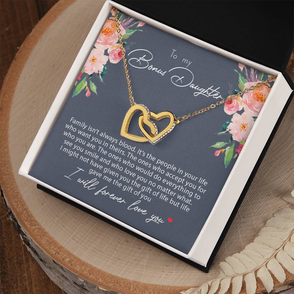 To My Bonus Daughter Family Isn'T Always Blood Interlocking Hearts Necklace