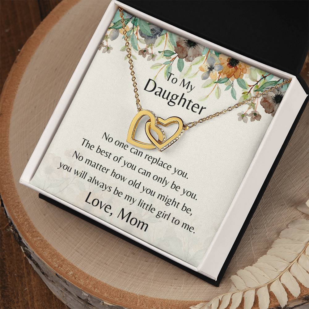 To My Daughter No One Can Replace You Necklace. Embellished With Cubic Zirconia Stones. Interlocking Hearts Necklace