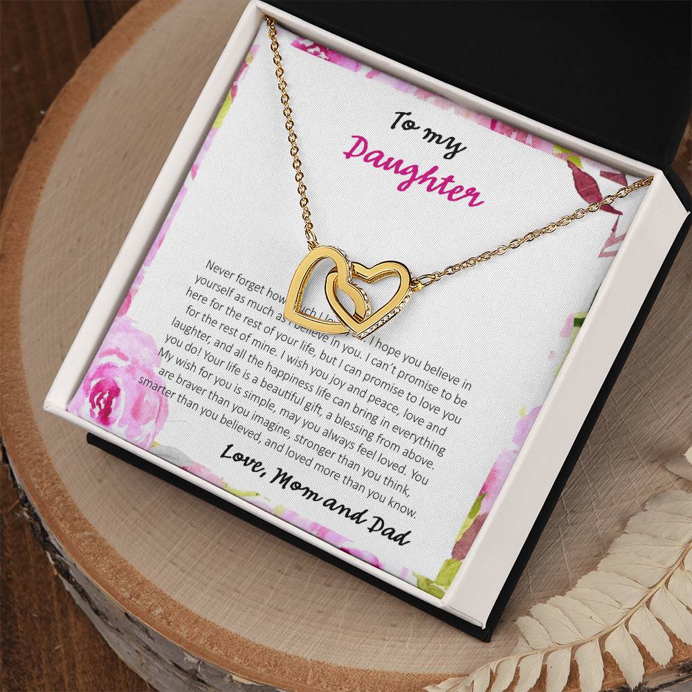 To My Daughter Never Forget How Much I Love You - Love Dad & Mom Interlocking Hearts Necklace