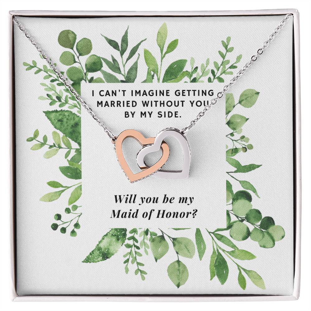 Be Maid Of Honor Square Foliage Wedding Necklace Interlocking Hearts Necklace