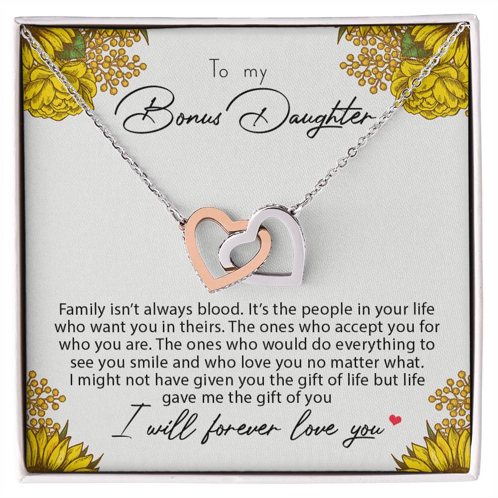 To My Bonus Daughter Family Isn'T Always Blood Interlocking Hearts Necklace