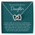 My Amazing Bonus Daughter Gift With Message Interlocking Hearts Necklace