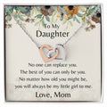 To My Daughter No One Can Replace You Necklace. Embellished With Cubic Zirconia Stones. Interlocking Hearts Necklace