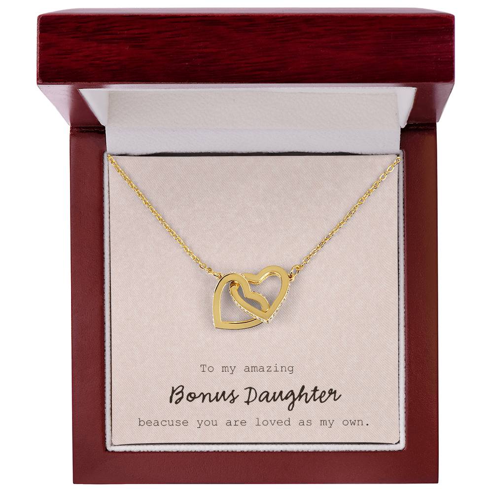 To My Amazing Bonus Daughter - Pink Interlocking Hearts Necklace
