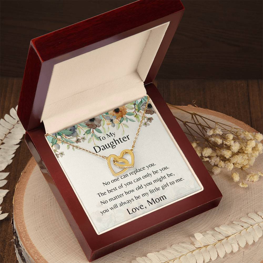 To My Daughter No One Can Replace You Necklace. Embellished With Cubic Zirconia Stones. Interlocking Hearts Necklace