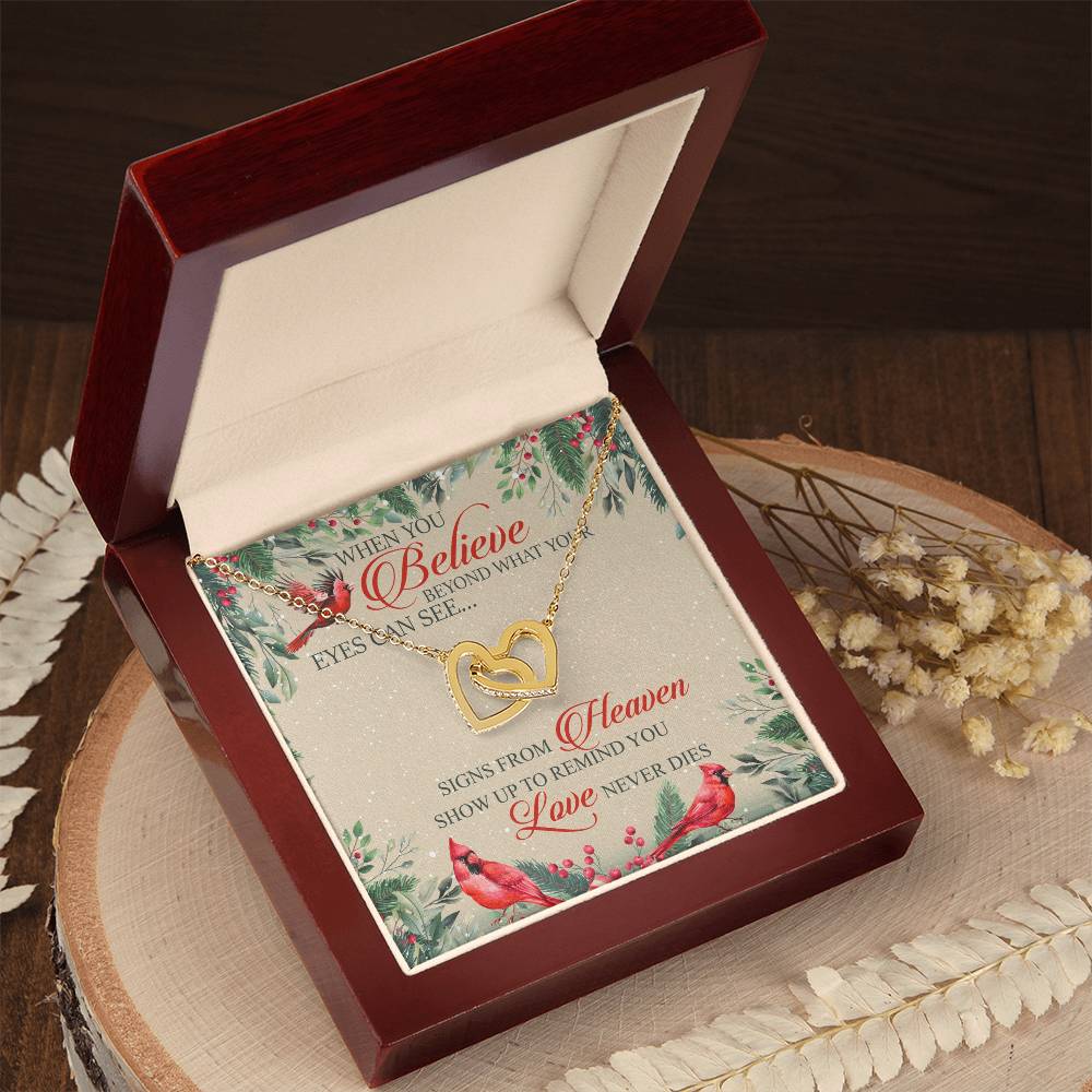 When You Believe Beyond What Your Eyes Interlocking Hearts Necklace Message Card
