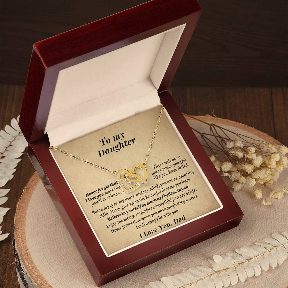 Gift For Daughter From Dad- Never Forget That When You Go Through Deep Watersl Will Always Be With You. Interlocking Hearts Necklace