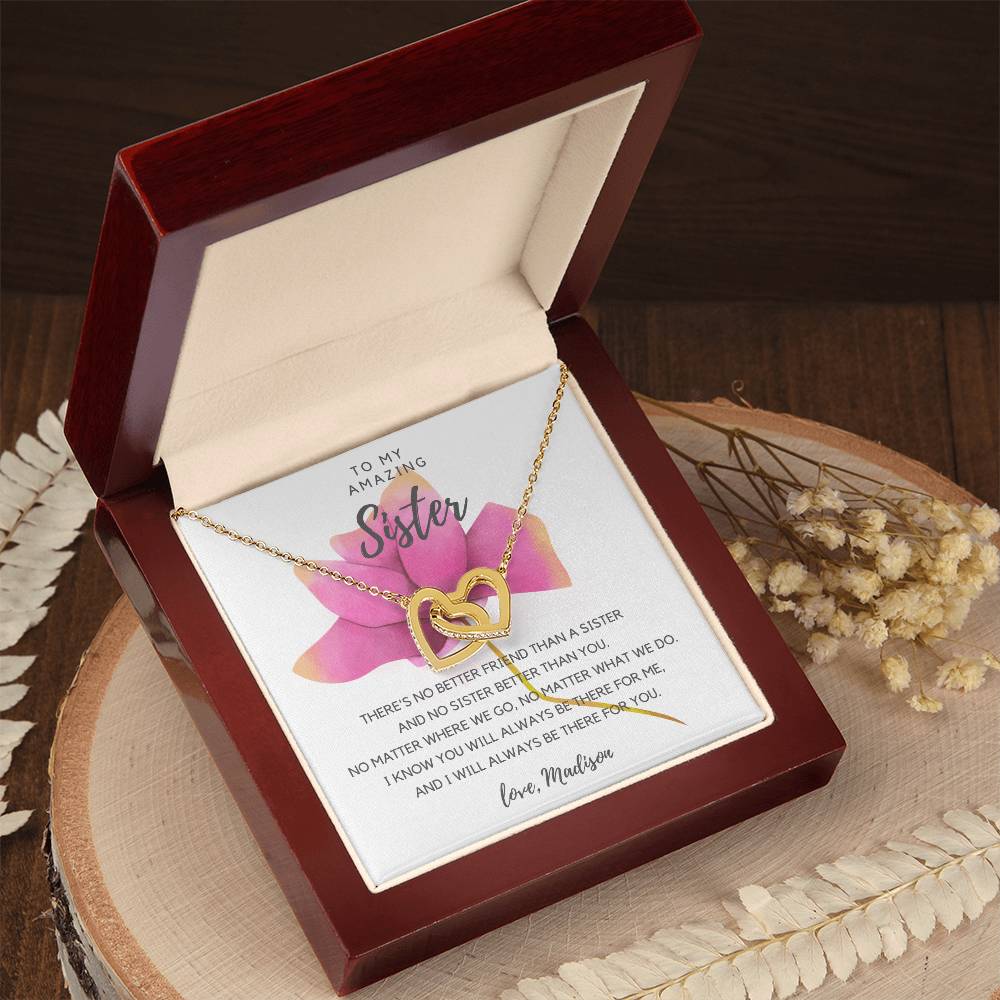 To My Amazing Sister - Pink Rose Interlocking Hearts Necklace