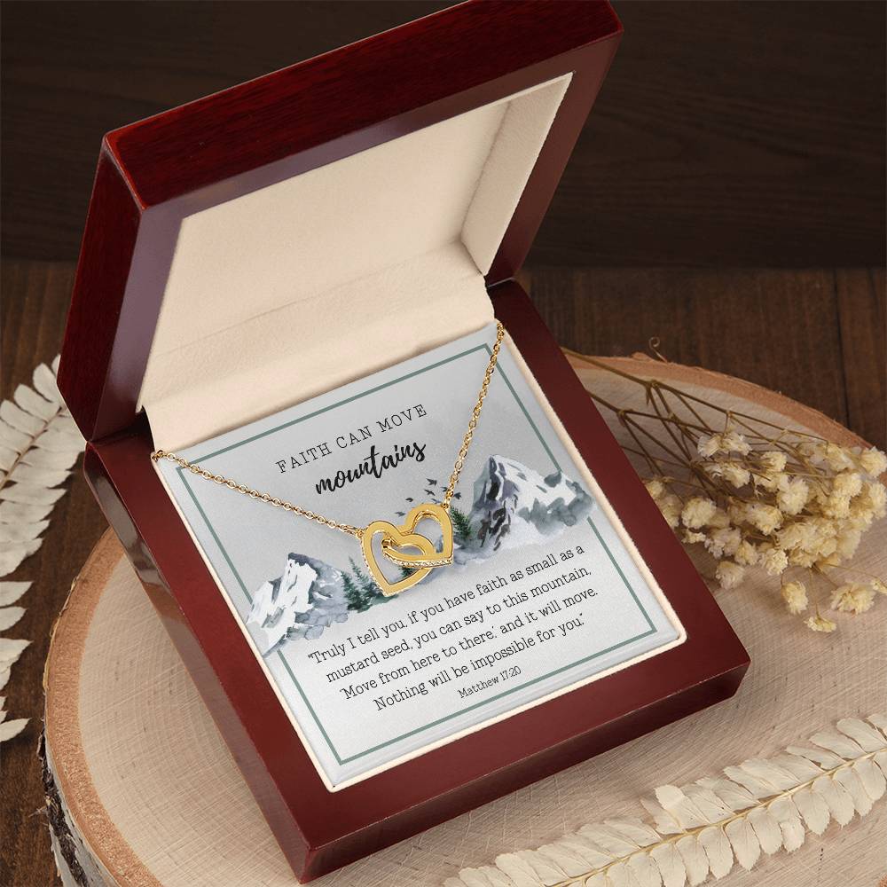 Scripture Encouragement Interlocking Hearts Necklace Matthew 1720 Winter Mountains