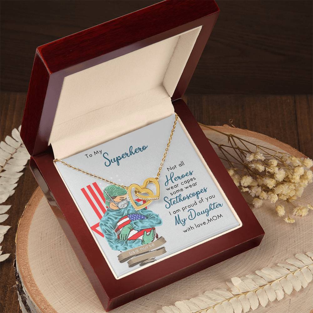 My Superhero Nurse Daughter Interlocking Hearts Necklace