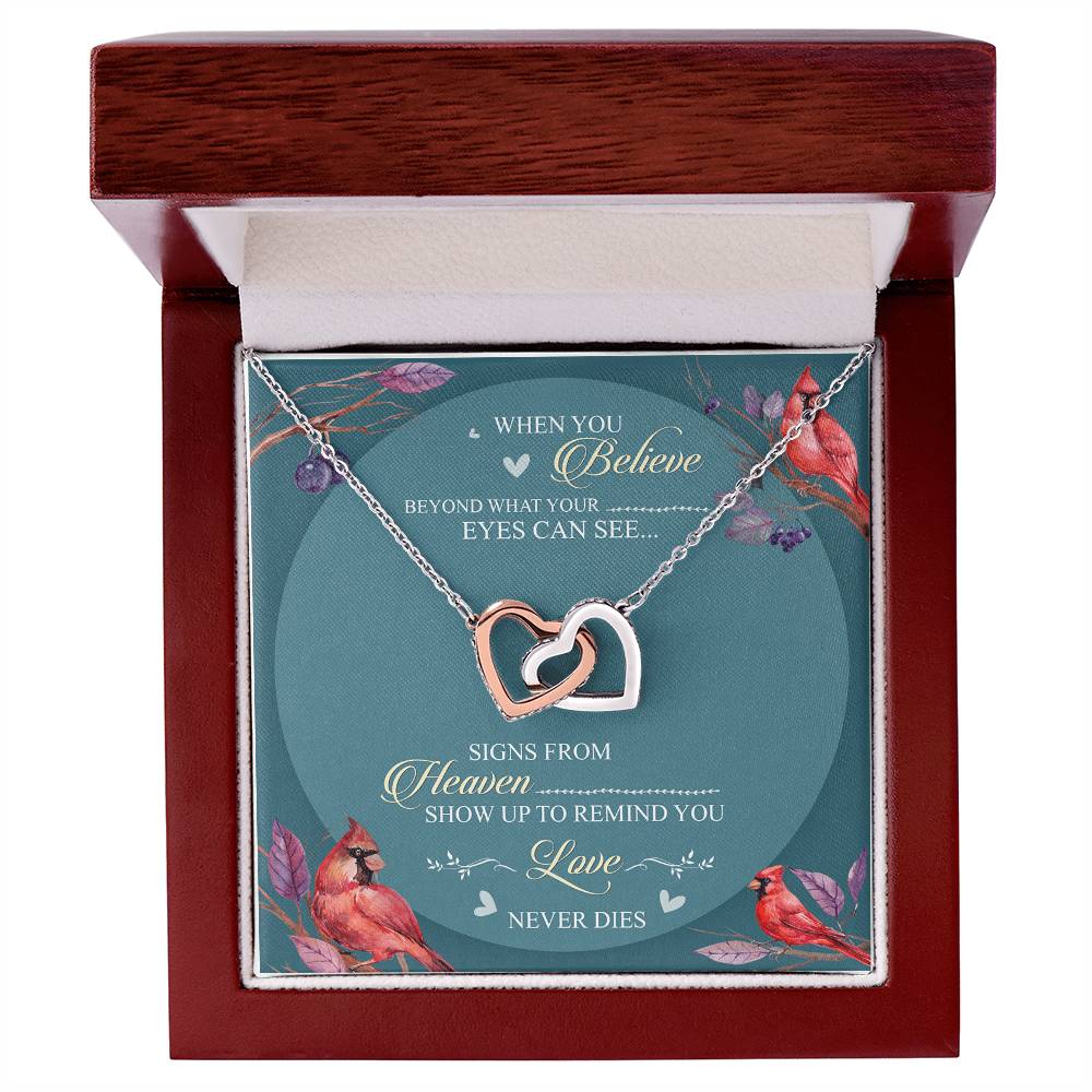 When You Believe Beyond What Your Eyes Can See Interlocking Hearts Necklace Cardinal Bird
