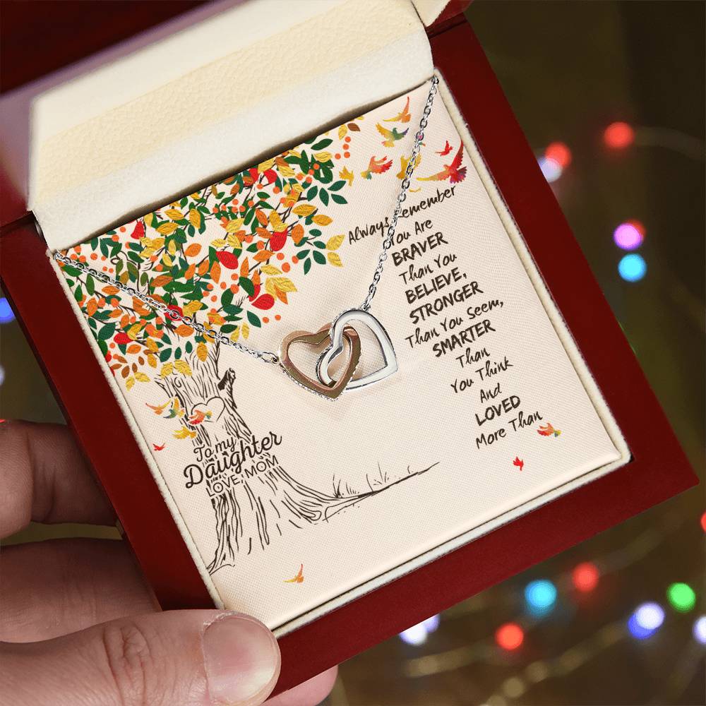 To My Daughter Love Mom Two Hearts Embellished With Cubic Zirconia Stones Interlocking Hearts Necklace