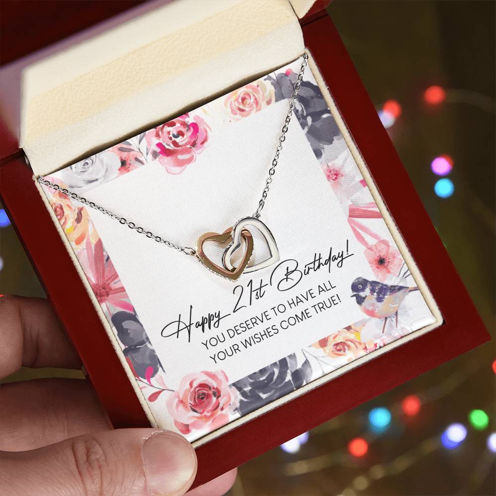Happy 21St Birthday Interlocking Hearts Necklace Message Card