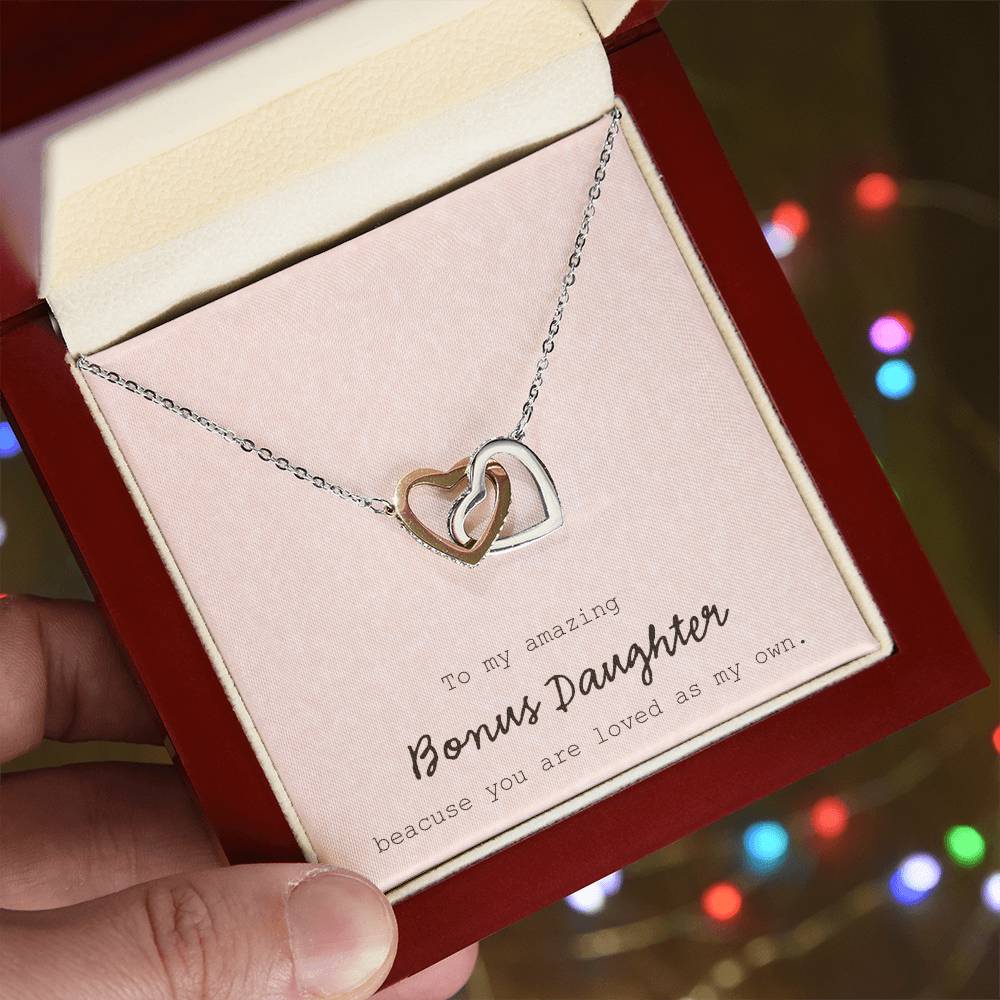 To My Amazing Bonus Daughter - Pink Interlocking Hearts Necklace