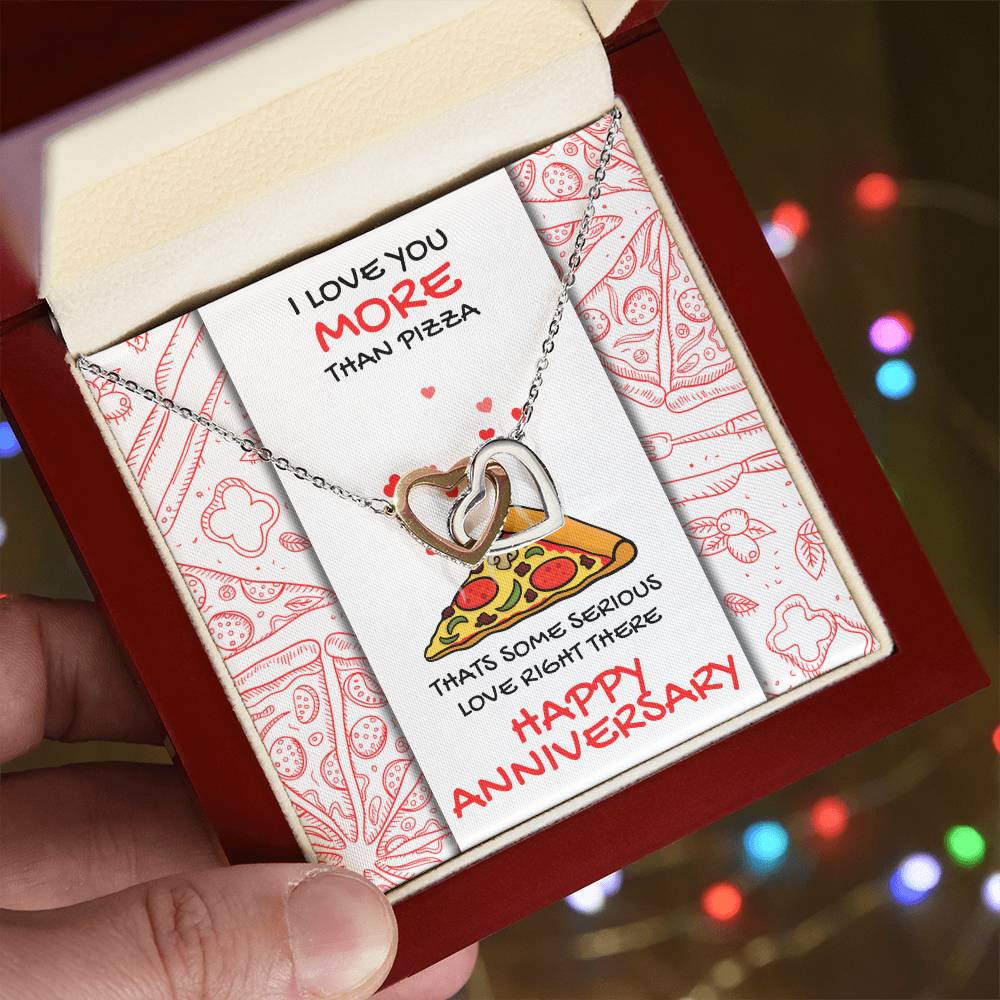 Love You More Than Pizza Anniversary Gift Card Necklace Interlocking Hearts Necklace