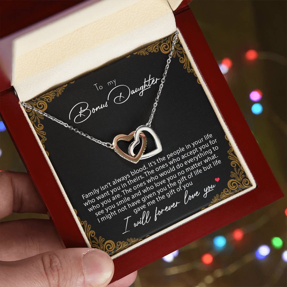 To My Bonus Daughter Family Isn'T Always Blood Interlocking Hearts Necklace