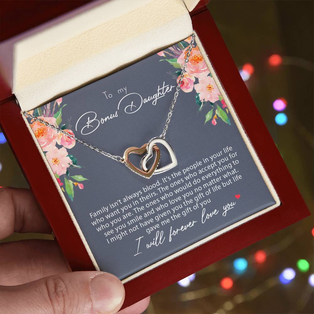 To My Bonus Daughter Family Isn'T Always Blood Interlocking Hearts Necklace