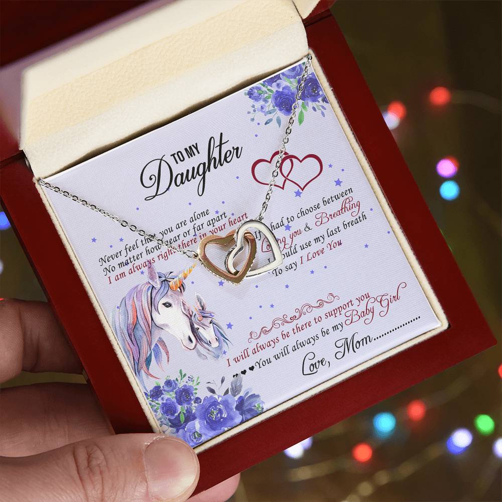 To My Daughter Unicorn Interlocking Hearts Necklace Birthday Message Card
