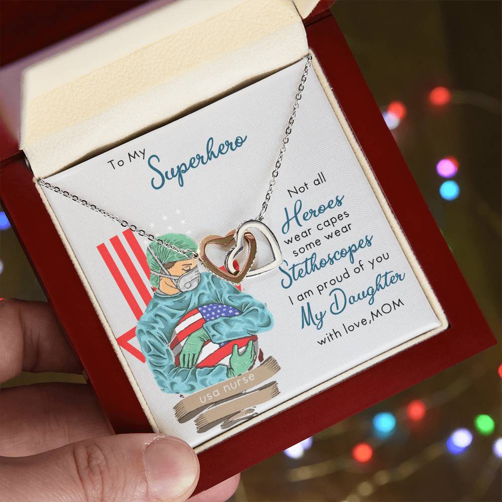 My Superhero Nurse Daughter Interlocking Hearts Necklace