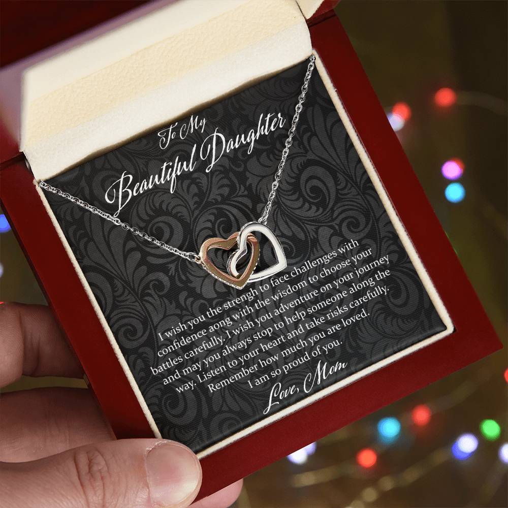 To My Beautiful Daughter I Wish You The Strength - Love Mom Interlocking Hearts Necklace
