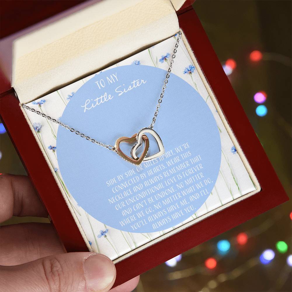 To My Little Sister Side By Side Interlocking Hearts Necklace