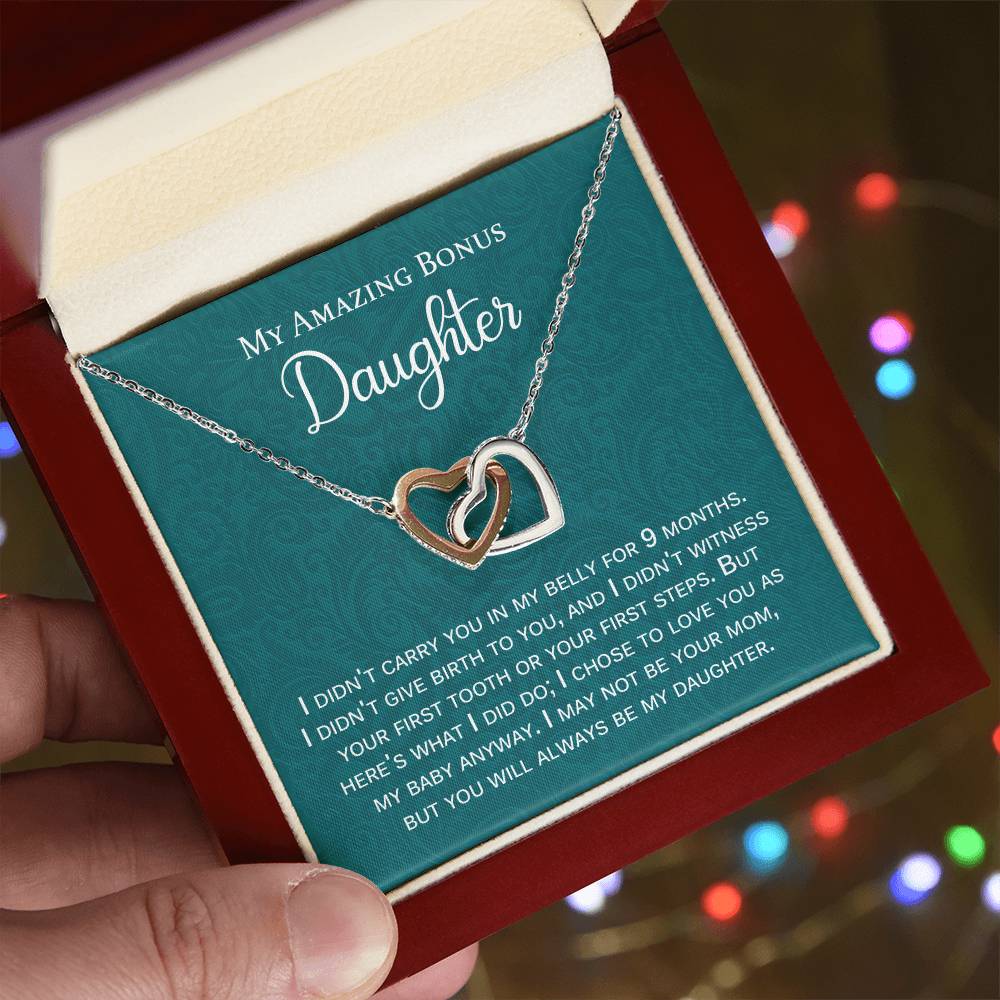 My Amazing Bonus Daughter Gift With Message Interlocking Hearts Necklace