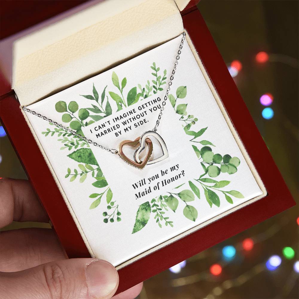 Be Maid Of Honor Square Foliage Wedding Necklace Interlocking Hearts Necklace