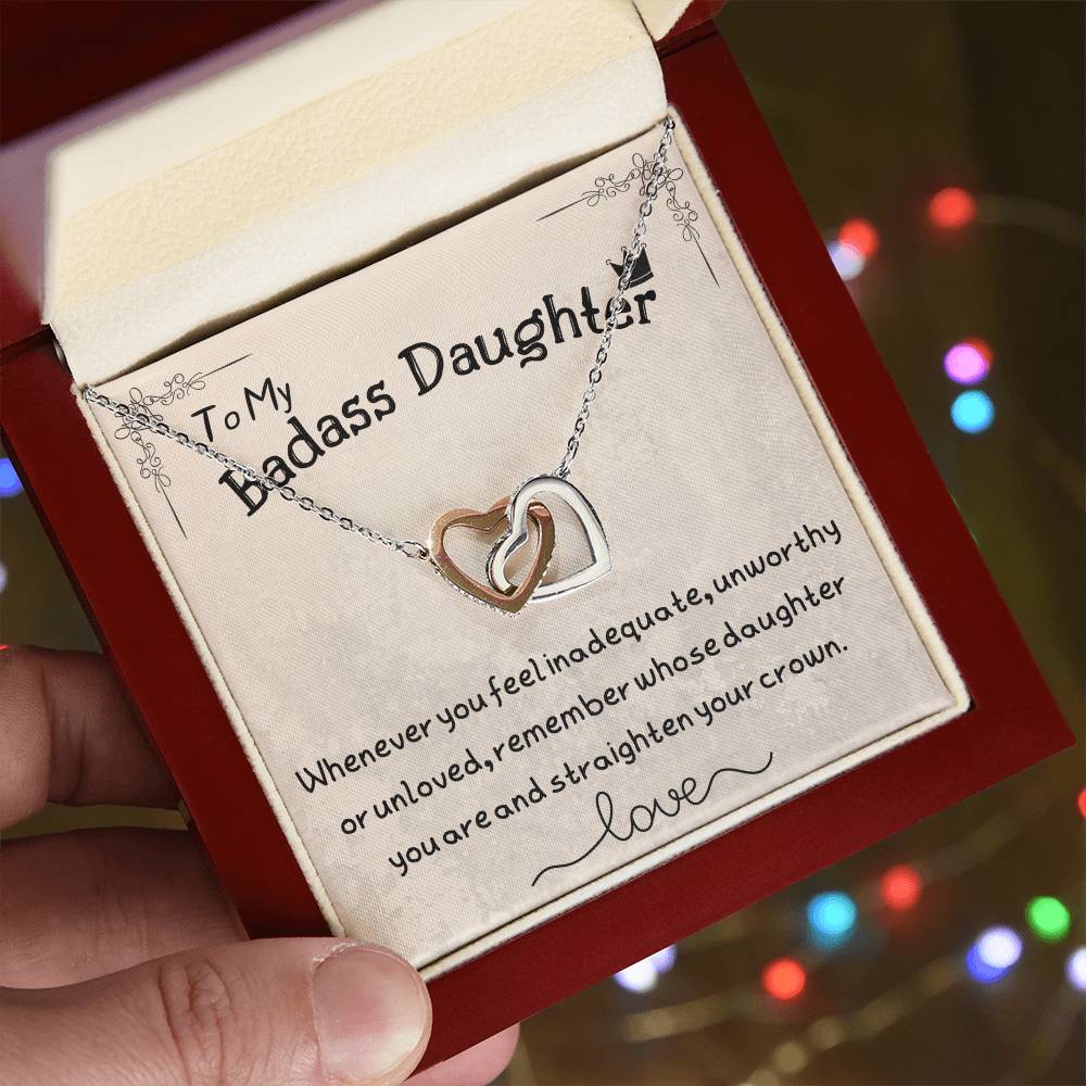 To My Badass Daughter Two Hearts Embellished Necklace Interlocking Hearts Necklace