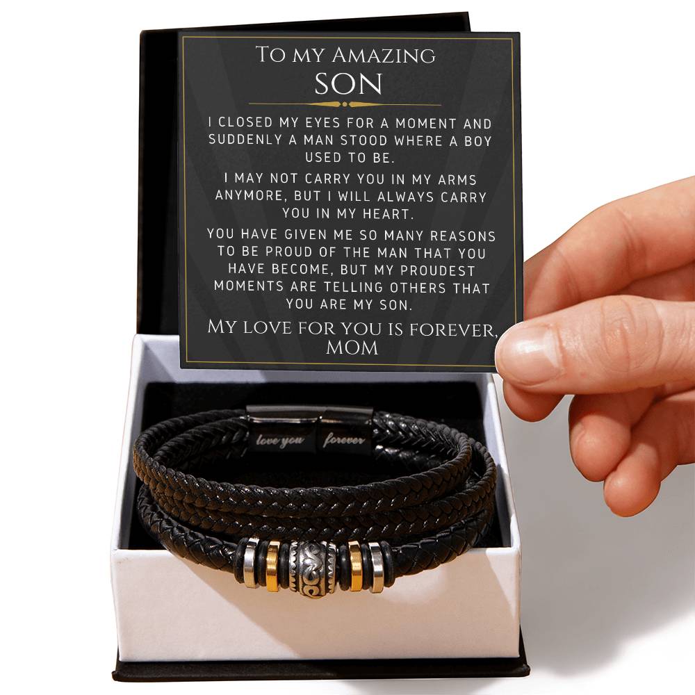 Leather Bracelet For Your Son From Mom-  Gift For Birthday, Christmas, Graduation, Confirmation, Father's Day - Love You Forever Bracelet