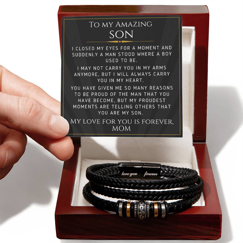 Leather Bracelet For Your Son From Mom-  Gift For Birthday, Christmas, Graduation, Confirmation, Father's Day - Love You Forever Bracelet