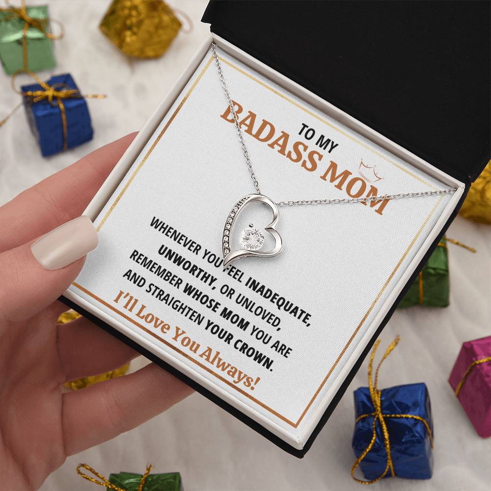 To My Badass Mom Crown Heart Necklace Gift Set Forever Love Necklace